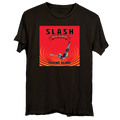 A black short-sleeve crewneck t-shirt featuring a large graphic print on the front. The print is a red and orange circular pattern with the text 'SLASH' and 'FLYING BLIND' and an illustration of a figure diving.