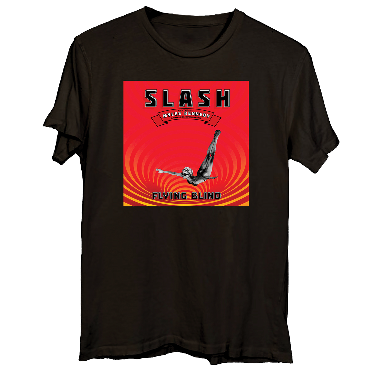A black short-sleeve crewneck t-shirt featuring a large graphic print on the front. The print is a red and orange circular pattern with the text 'SLASH' and 'FLYING BLIND' and an illustration of a figure diving.