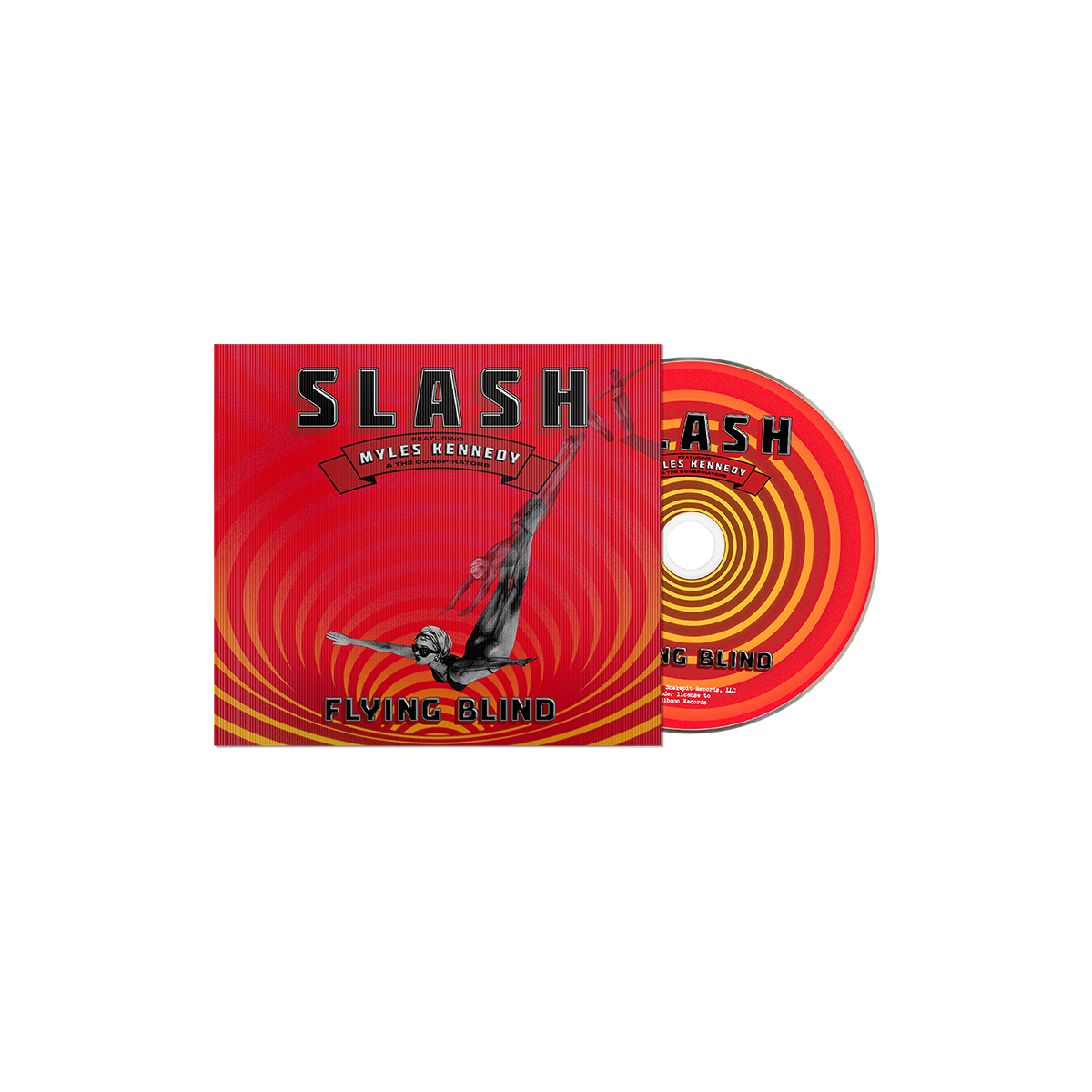 The latest album from Slash, 'Flying Blind', in CD format. The cover shows a figure diving against a circular orange, yellow, and red pattern.