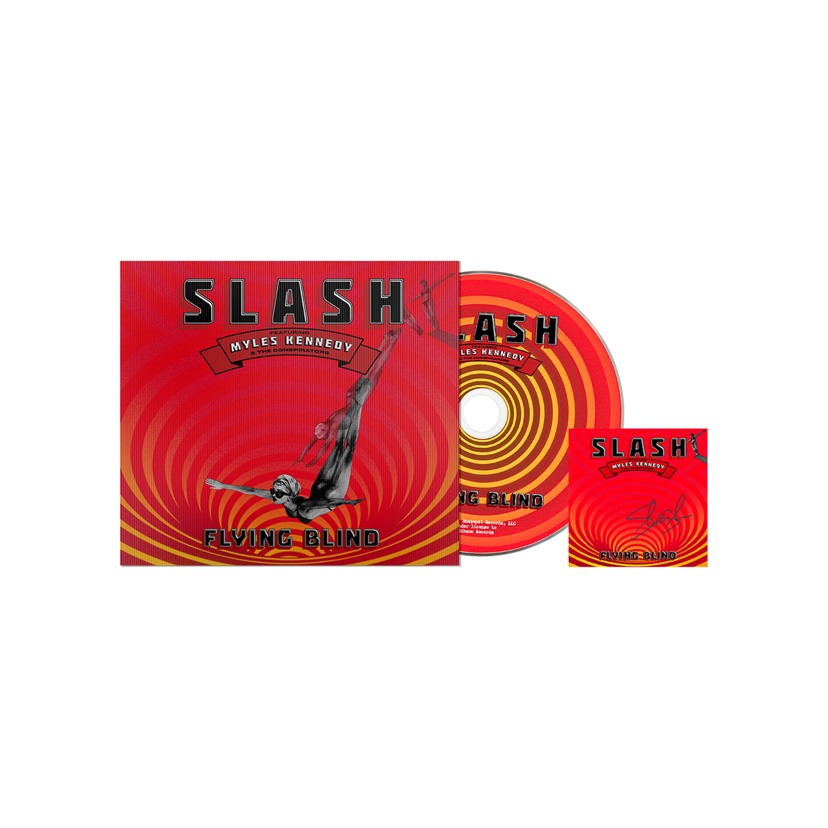 The latest album from Slash, 'Flying Blind', in CD format with a signed insert. The cover shows a figure diving against a circular orange, yellow, and red pattern.