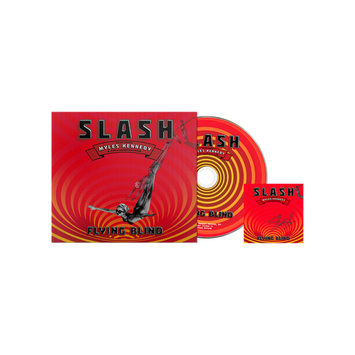 The latest album from Slash, 'Flying Blind', in CD format with a signed insert. The cover shows a figure diving against a circular orange, yellow, and red pattern.