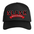 A black trucker hat with a curved brim, featuring a front graphic that reads 'SLASH' in black letters with red shadows, and a red banner below reading 'MYLES KENNEDY'. The back of the hat has black mesh panels.