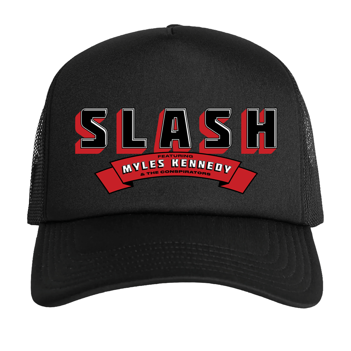 A black trucker hat with a curved brim, featuring a front graphic that reads 'SLASH' in black letters with red shadows, and a red banner below reading 'MYLES KENNEDY'. The back of the hat has black mesh panels.