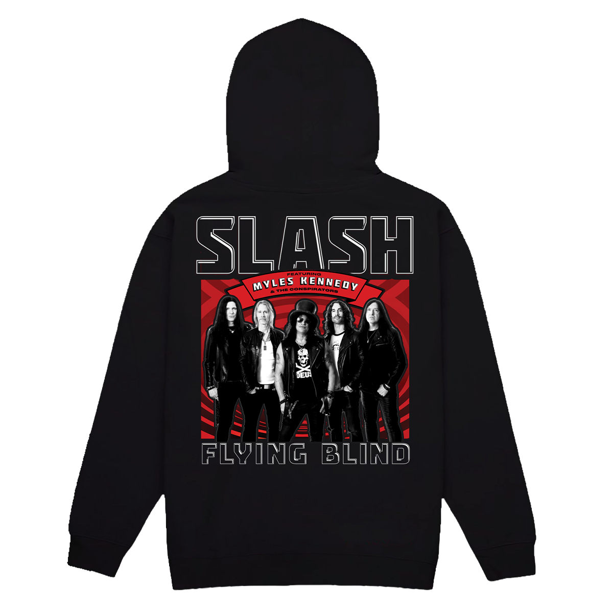 A black hoodie shown from the back, featuring a large graphic print of the band Slash with the text 'SLASH', 'MYLES KENNEDY', and 'FLYING BLIND'.