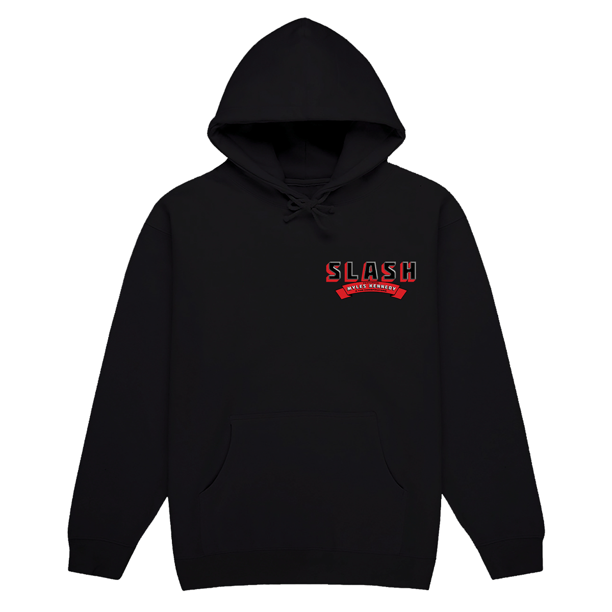 A black pullover hoodie with a drawstring hood and kangaroo pocket, featuring a red and black 'SLASH' graphic on the left chest.