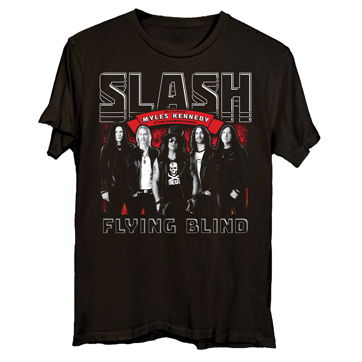 A black tee with 'SLASH' in big letters and 'MILES KENNEDY' below, with a picture of the band and 'FLYING BLIND' at the bottom.