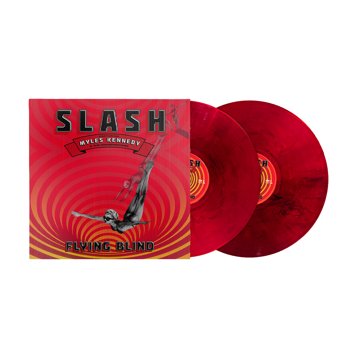 The latest album from Slash, 'Flying Blind', in vinyl format. The cover shows a figure diving against a circular orange, yellow, and red pattern.