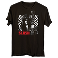 A black short-sleeve graphic t-shirt featuring a high-contrast black and white print of the rock musician Slash holding an electric guitar, with his name printed in bold red letters below.