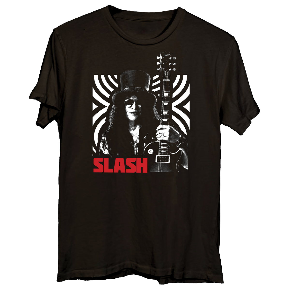 A black short-sleeve graphic t-shirt featuring a high-contrast black and white print of the rock musician Slash holding an electric guitar, with his name printed in bold red letters below.